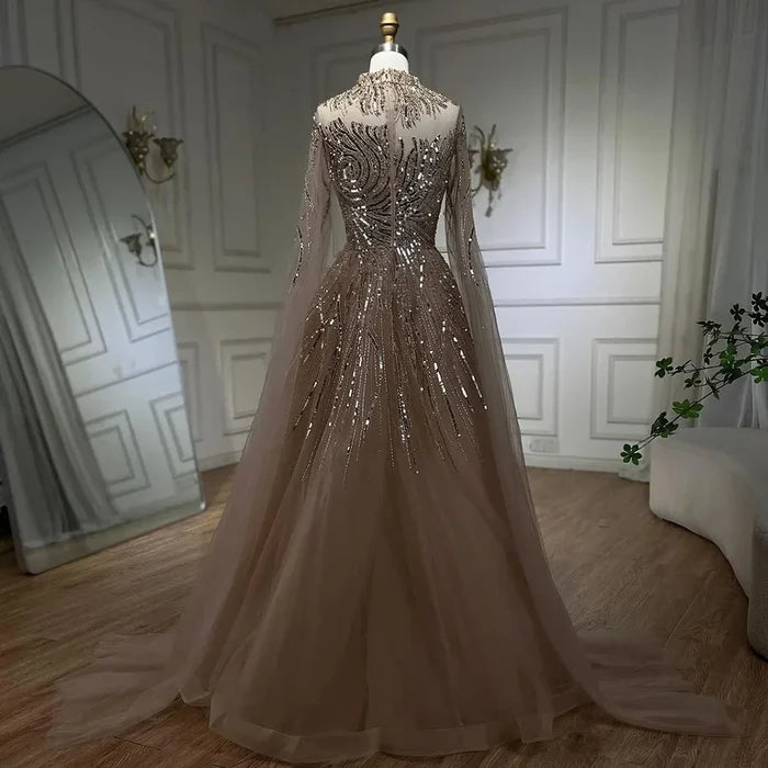 Serene Hill Caramel Luxury Evening Dresses with Cape Sleeves A-Line Beaded Lace Gown For Women's Wedding Party 2025 LA72386 - SERENE HILL