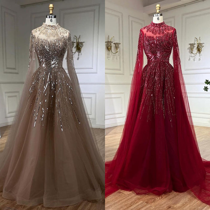 Luxury Caramel Beaded Lace A Line Evening Dress With Cape Sleeves LA72386 - SERENE  HILL