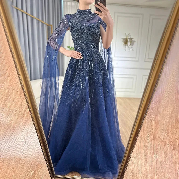 Serene Hill Caramel Luxury Evening Dresses with Cape Sleeves A-Line Beaded Lace Gown For Women's Wedding Party 2025 LA72386 - SERENE HILL