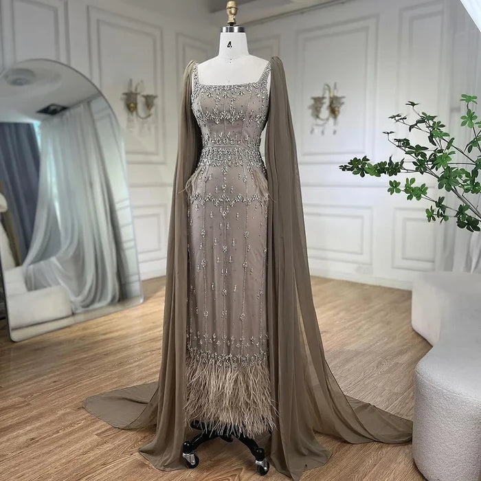 Luxury Caramel Beaded Mermaid Evening Dress with Feathers LA71492B - SERENE HILL
