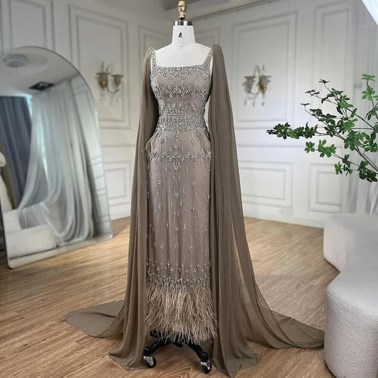 Luxury Caramel Beaded Mermaid Evening Dress with Feathers LA71492B - SERENE HILL