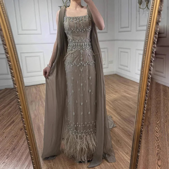 Luxury Caramel Beaded Mermaid Evening Dress with Feathers LA71492B - SERENE HILL