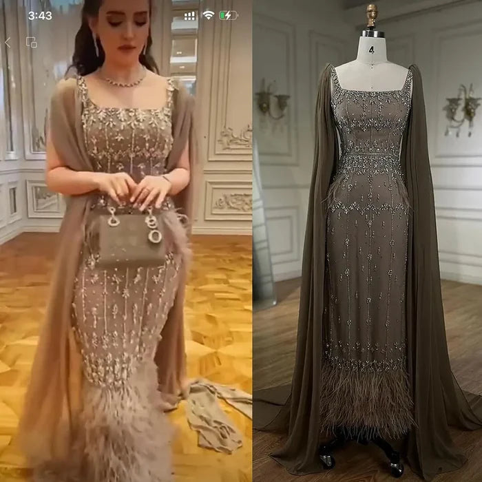 Luxury Caramel Beaded Mermaid Evening Dress with Feathers LA71492B - SERENE HILL