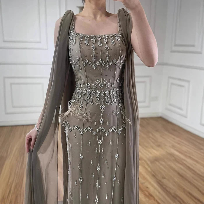 Luxury Caramel Beaded Mermaid Evening Dress with Feathers LA71492B - SERENE HILL