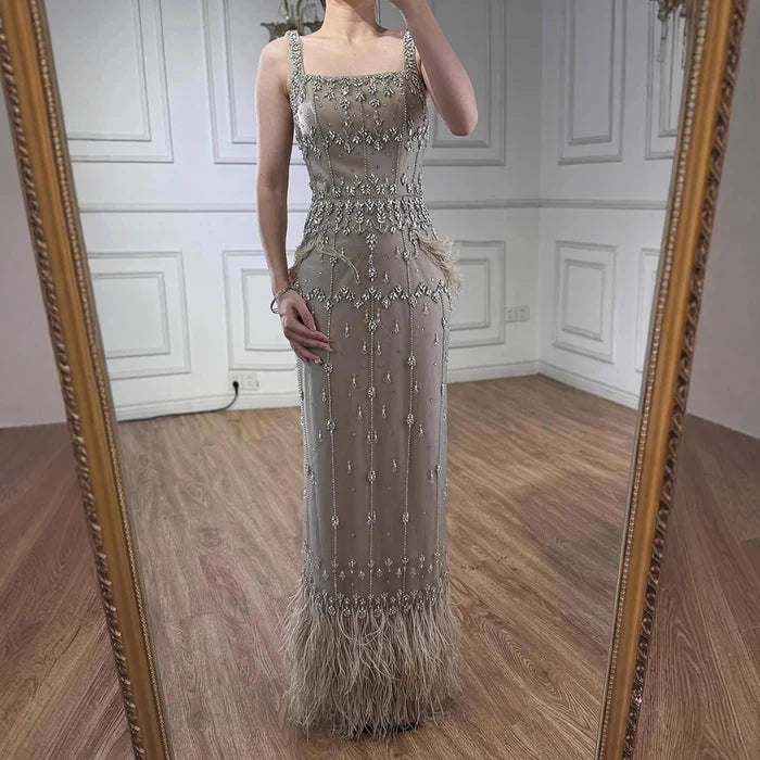 Luxury Caramel Beaded Mermaid Evening Dress with Feathers LA71492B - SERENE HILL