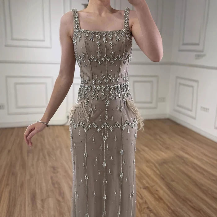 Luxury Caramel Beaded Mermaid Evening Dress with Feathers LA71492B - SERENE HILL