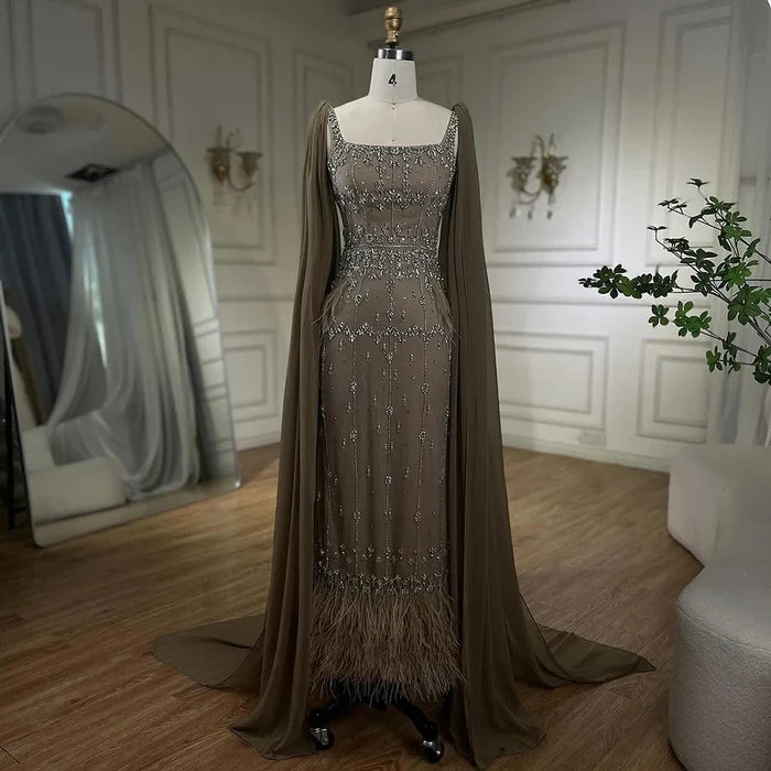 Luxury Caramel Beaded Mermaid Evening Dress with Feathers LA71492B - SERENE HILL