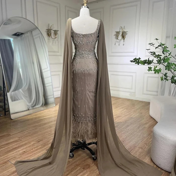 Luxury Caramel Beaded Mermaid Evening Dress with Feathers LA71492B - SERENE HILL