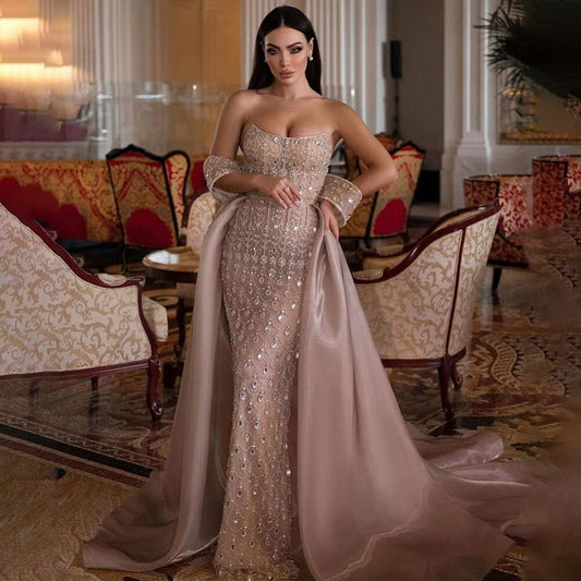 Luxury Caramel Beaded Mermaid Evening Dress with Overskirt LA71922 - SERENE HILL