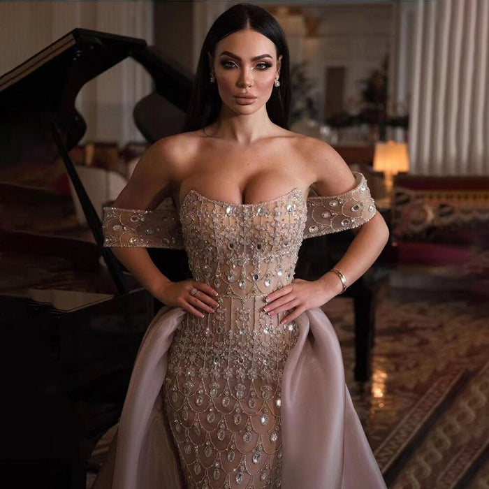 Luxury Caramel Beaded Mermaid Evening Dress with Overskirt LA71922 - SERENE HILL