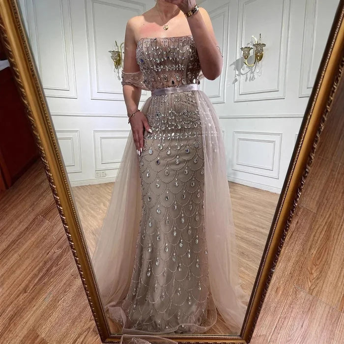 Luxury Caramel Beaded Mermaid Evening Dress with Overskirt LA71922 - SERENE HILL