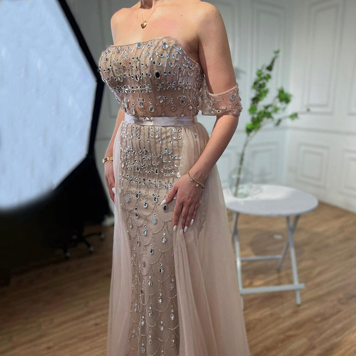 Luxury Caramel Beaded Mermaid Evening Dress with Overskirt LA71922 - SERENE HILL