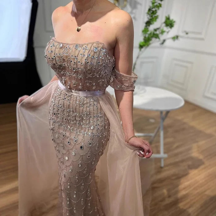 Luxury Caramel Beaded Mermaid Evening Dress with Overskirt LA71922 - SERENE HILL