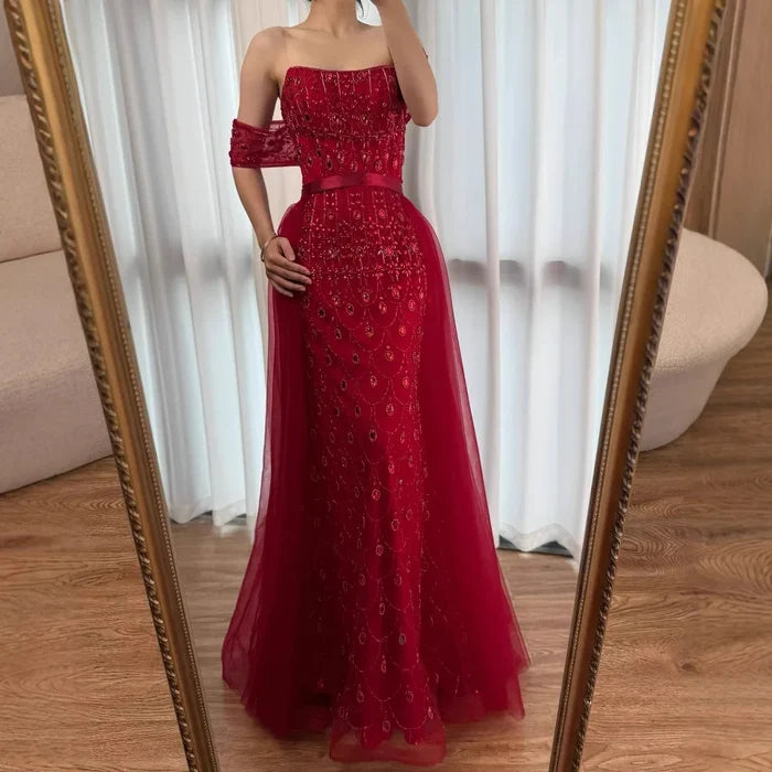 Luxury Caramel Beaded Mermaid Evening Dress with Overskirt LA71922 - SERENE HILL