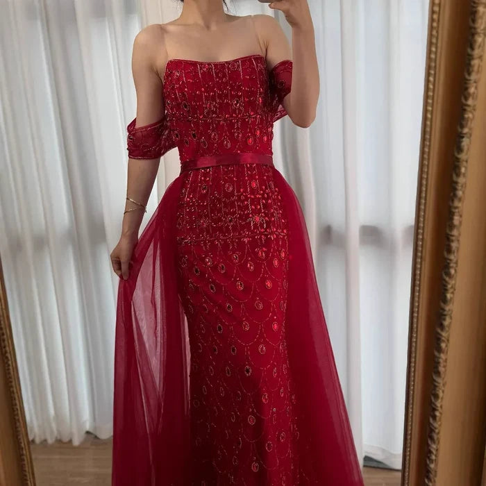 Luxury Caramel Beaded Mermaid Evening Dress with Overskirt LA71922 - SERENE HILL
