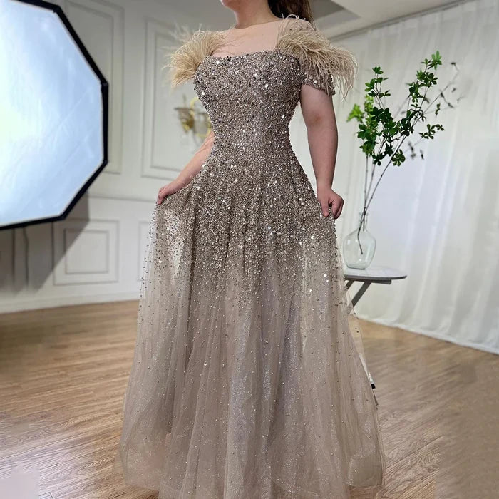 Luxury Caramel Feather Beaded A-Line Evening Dress LA71720 - SERENE HILL
