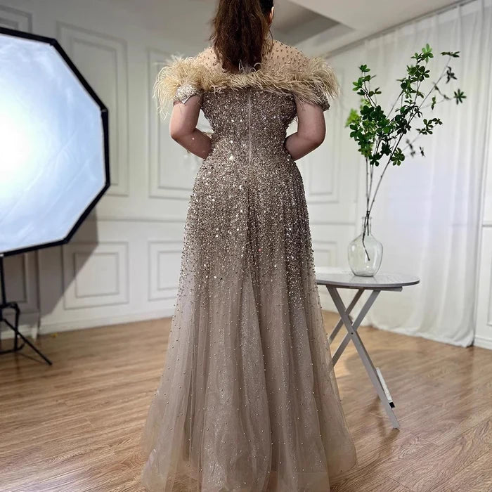 Luxury Caramel Feather Beaded A-Line Evening Dress LA71720 - SERENE HILL