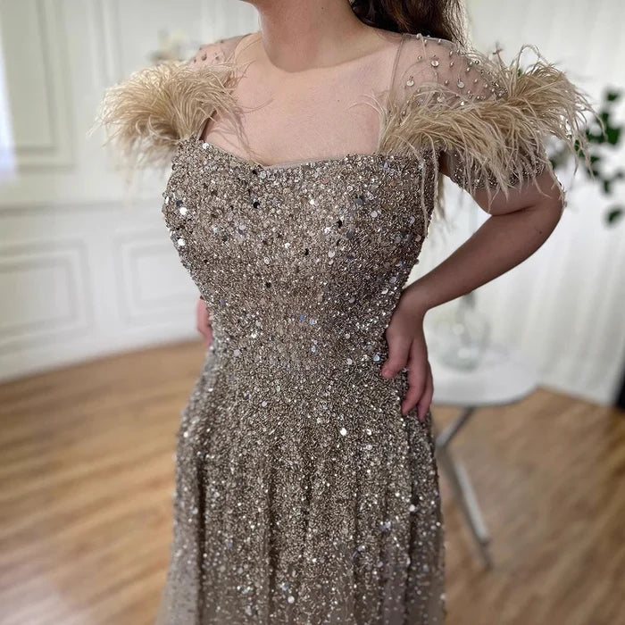Luxury Caramel Feather Beaded A-Line Evening Dress LA71720 - SERENE HILL
