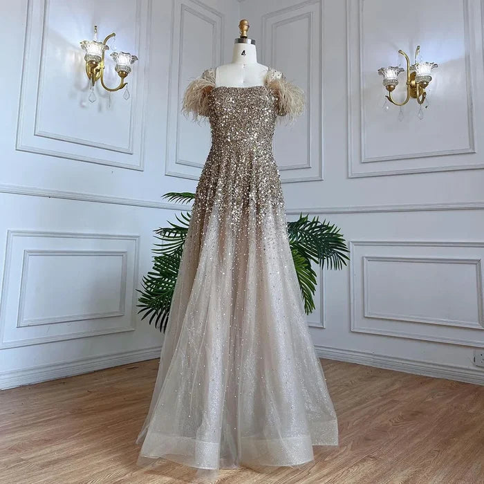 Luxury Caramel Feather Beaded A-Line Evening Dress LA71720 - SERENE HILL