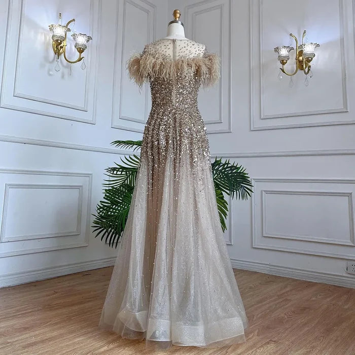 Luxury Caramel Feather Beaded A-Line Evening Dress LA71720 - SERENE HILL