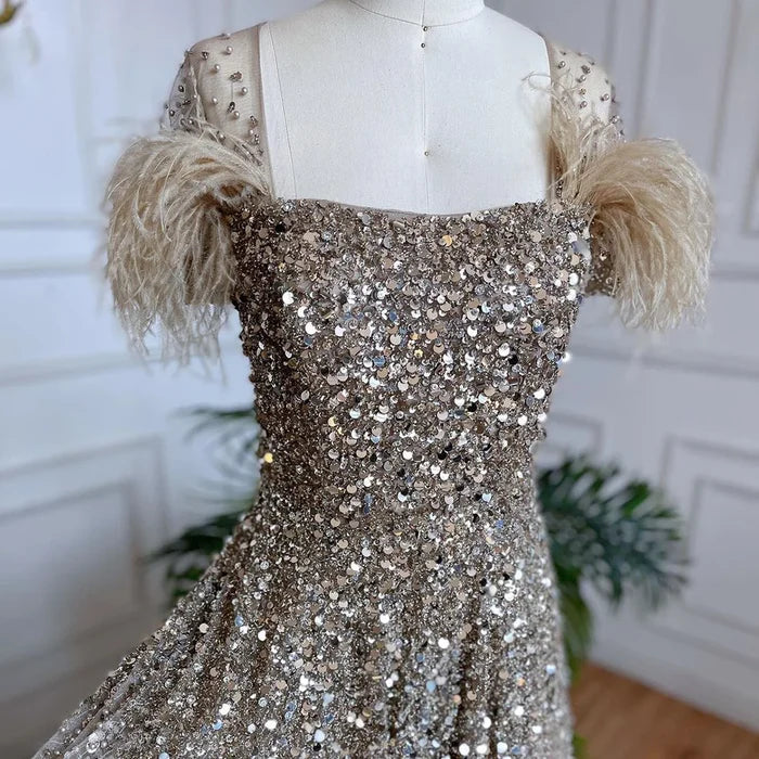 Luxury Caramel Feather Beaded A-Line Evening Dress LA71720 - SERENE HILL