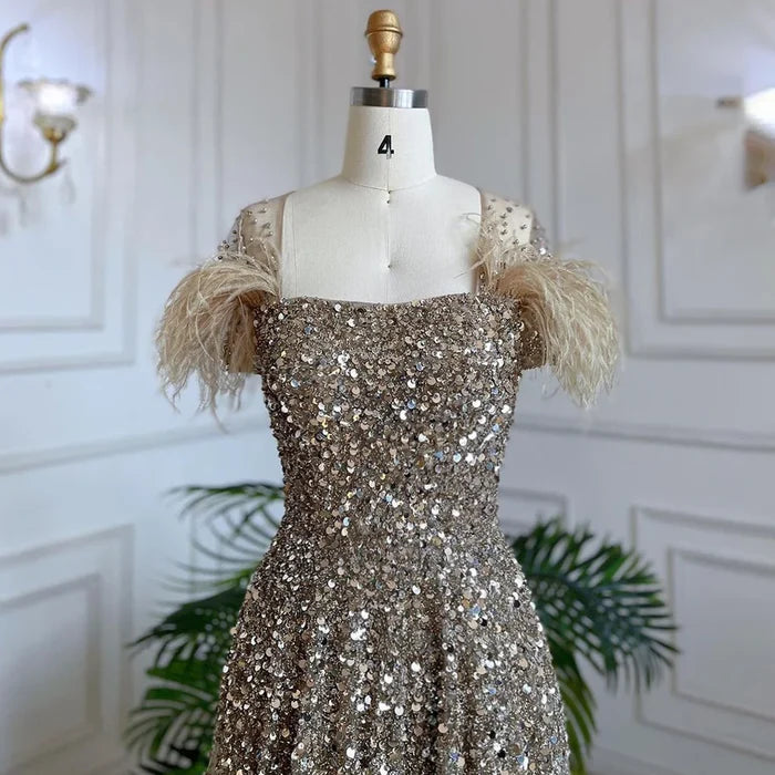 Luxury Caramel Feather Beaded A-Line Evening Dress LA71720 - SERENE HILL