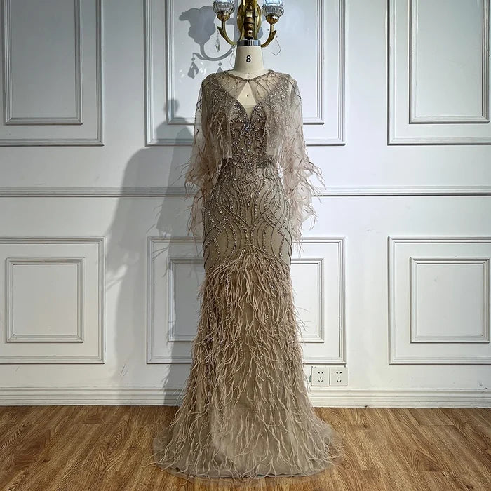 Luxury Caramel Feather Beaded Mermaid Evening Dress LA71866 - SERENE HILL