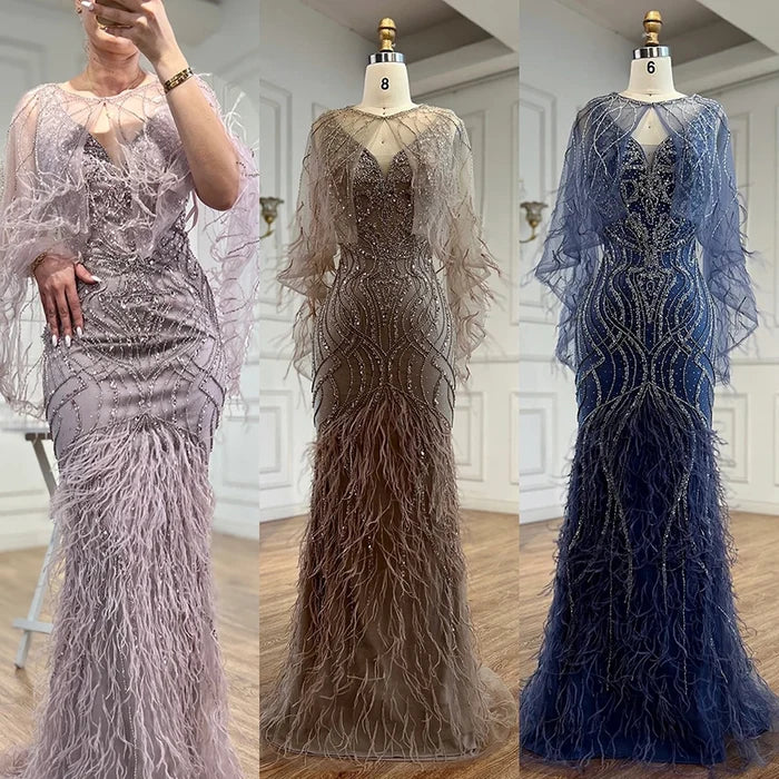 Luxury Caramel Feather Beaded Mermaid Evening Dress LA71866 - SERENE HILL