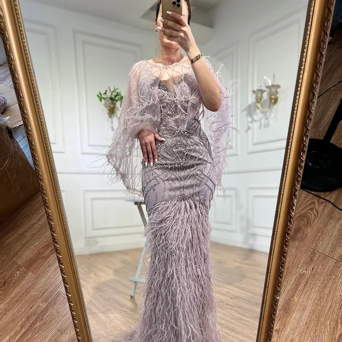 Luxury Caramel Feather Beaded Mermaid Evening Dress LA71866 - SERENE HILL