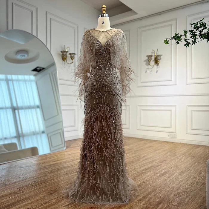 Luxury Caramel Feather Beaded Mermaid Evening Dress LA71866 - SERENE HILL