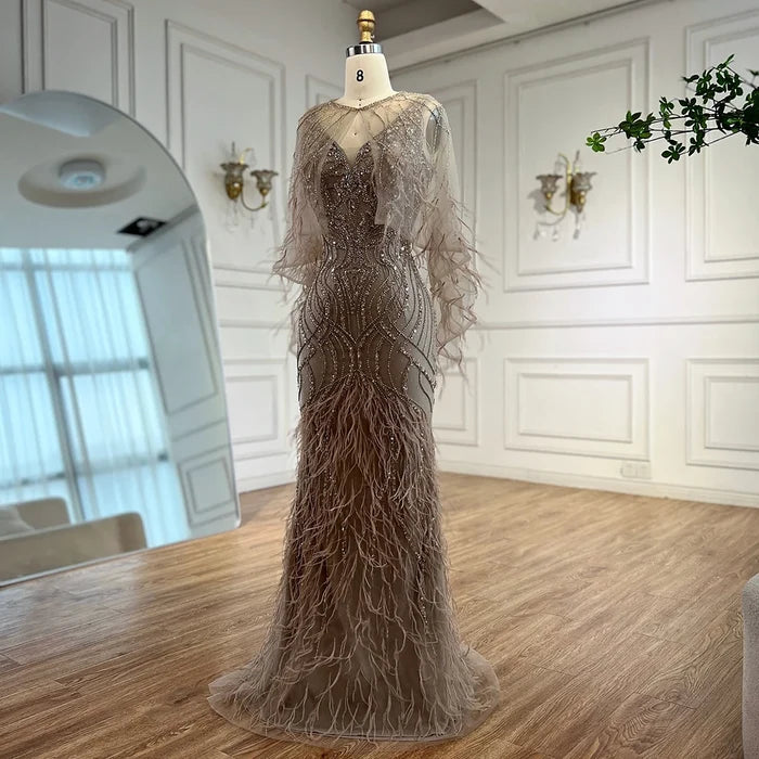 Luxury Caramel Feather Beaded Mermaid Evening Dress LA71866 - SERENE HILL