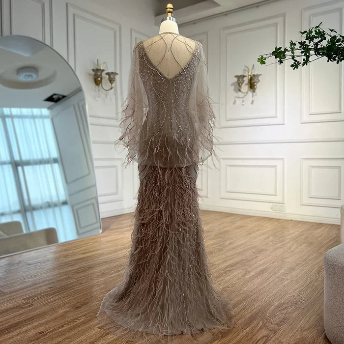 Luxury Caramel Feather Beaded Mermaid Evening Dress LA71866 - SERENE HILL
