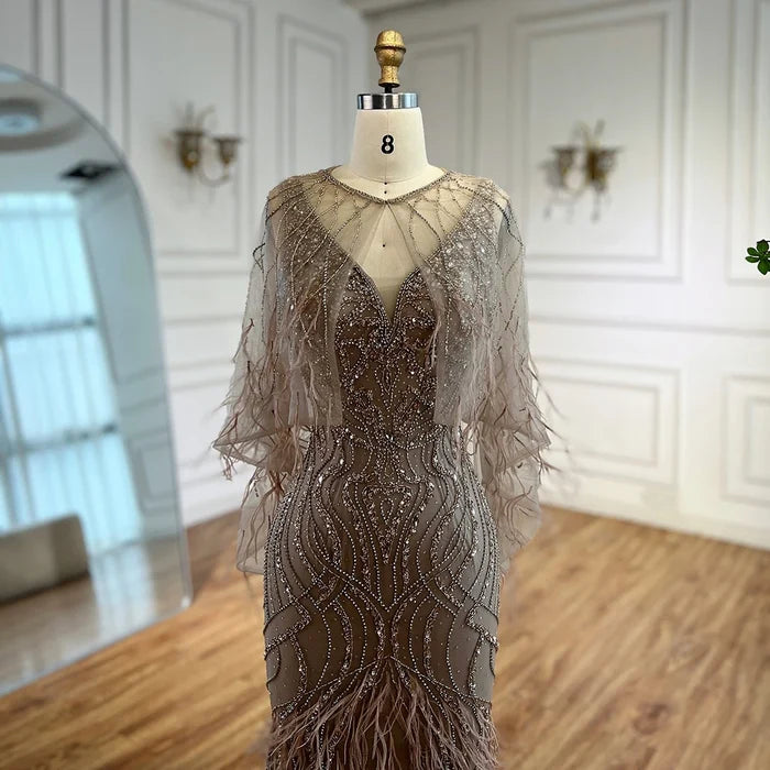 Luxury Caramel Feather Beaded Mermaid Evening Dress LA71866 - SERENE HILL