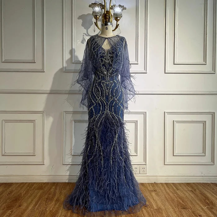 Luxury Caramel Feather Beaded Mermaid Evening Dress LA71866 - SERENE HILL