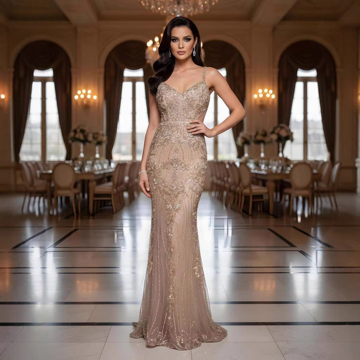 Luxury Arabic Grey Mermaid Spaghetti Strap Beaded Evening Dress LA71652 - SERENE  HILL