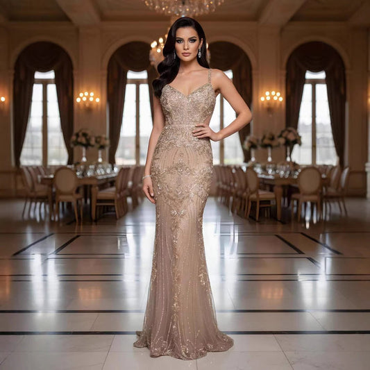 Luxury Arabic Grey Mermaid Spaghetti Strap Beaded Evening Dress LA71652 - SERENE  HILL