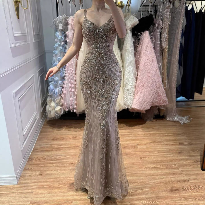 Luxury Arabic Grey Mermaid Spaghetti Strap Beaded Evening Dress LA71652 - SERENE  HILL