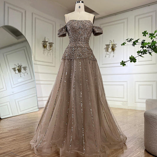 Luxury Caramel Off The Shoulder A-Line Beaded Evening Dress LA72709