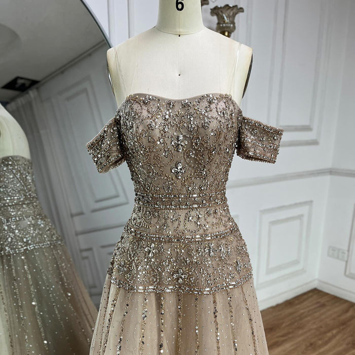 Luxury Caramel Off The Shoulder A-Line Beaded Evening Dress LA72709