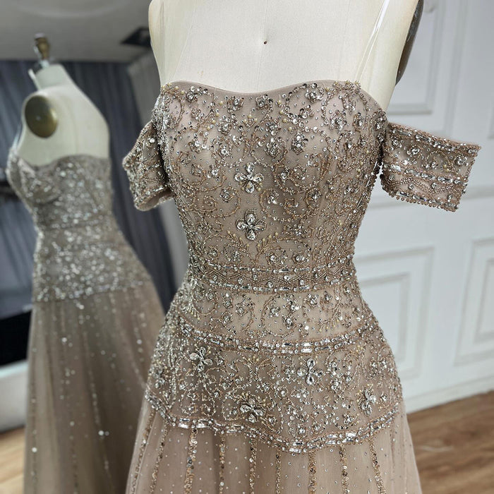 Luxury Caramel Off The Shoulder A-Line Beaded Evening Dress LA72709