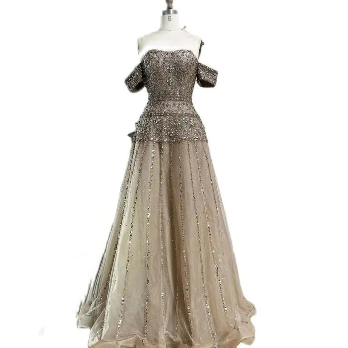 Luxury Caramel Off The Shoulder A-Line Beaded Evening Dress LA72709