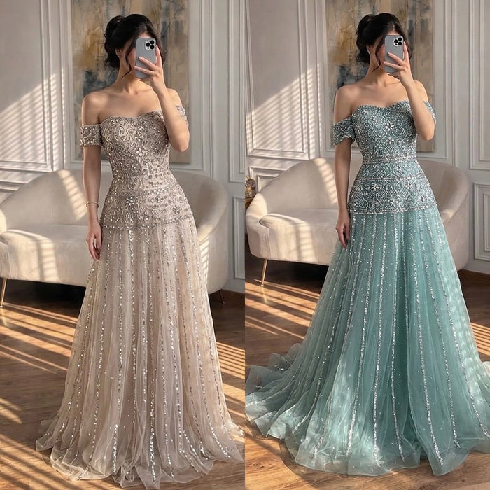 Luxury Caramel Off The Shoulder A-Line Beaded Evening Dress LA72709
