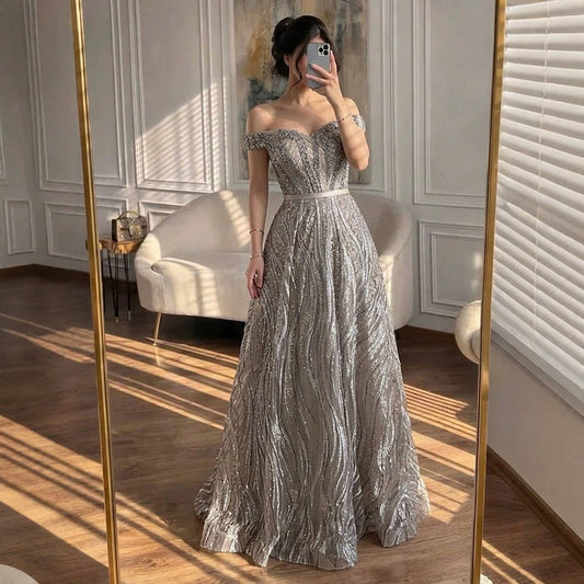 Luxury Caramel Off the Shoulder Beaded A Line Evening Dress LA73811 SERENE HILL