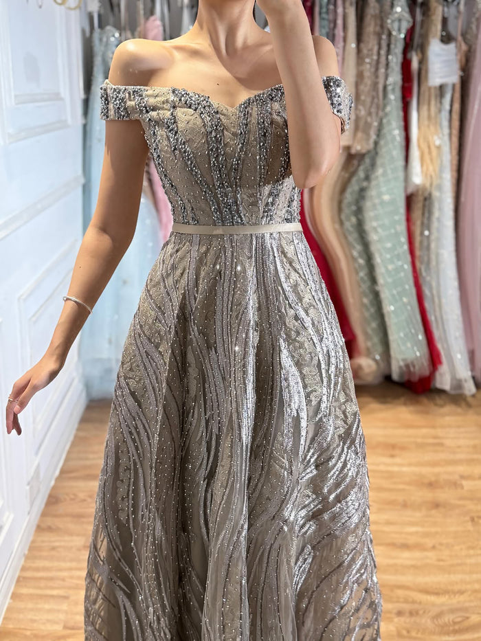 Luxury Caramel Off the Shoulder Beaded A Line Evening Dress LA73811 SERENE HILL