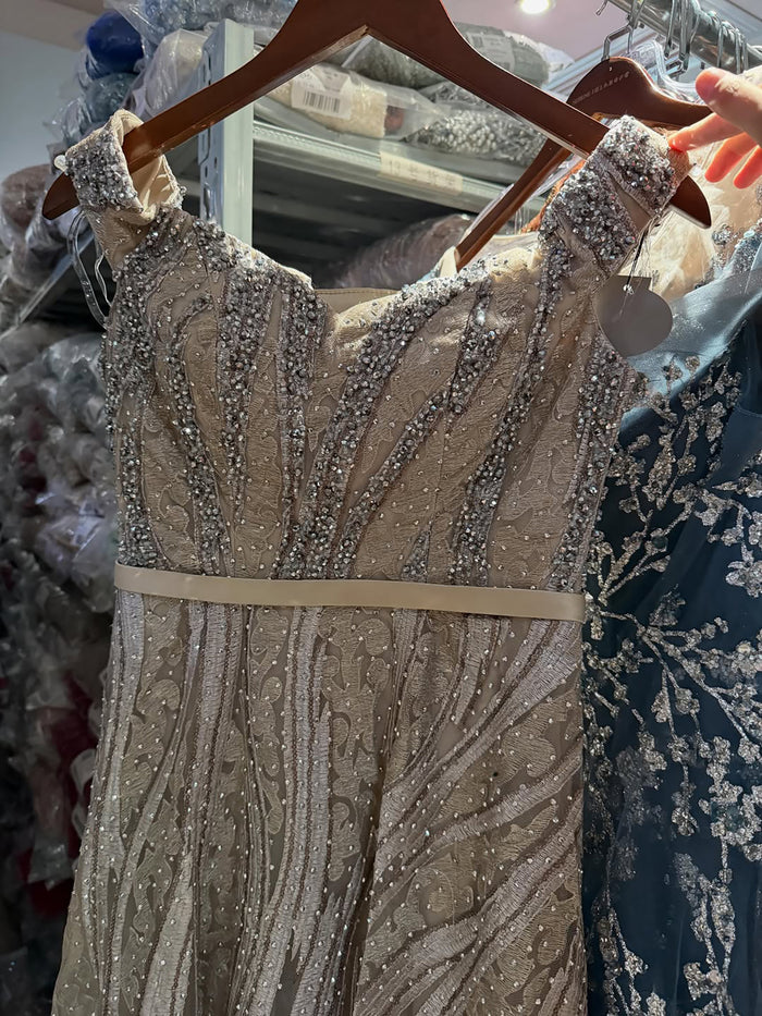 Luxury Caramel Off the Shoulder Beaded A Line Evening Dress LA73811 SERENE HILL