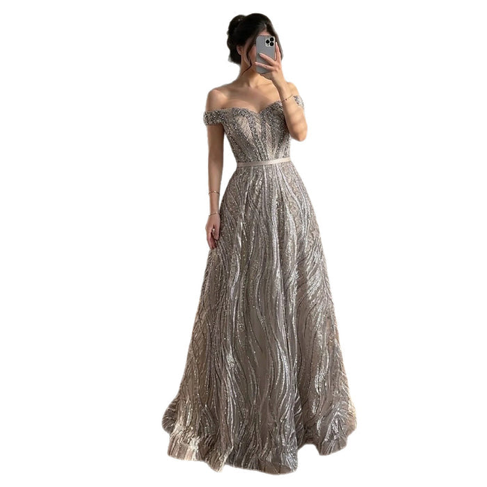 Luxury Caramel Off the Shoulder Beaded A Line Evening Dress LA73811 SERENE HILL