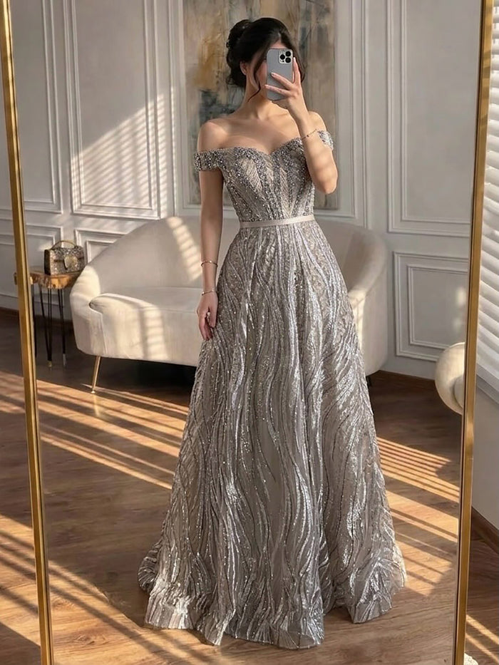 Luxury Caramel Off the Shoulder Beaded A Line Evening Dress LA73811 SERENE HILL