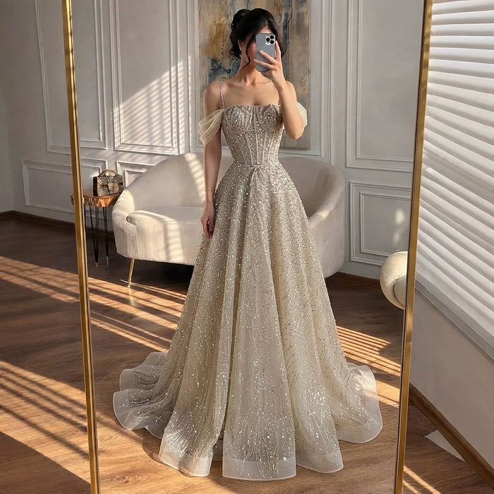 Luxury Caramel Off The Shoulder Beaded A Line Evening Dress LA73820 SERENE HILL