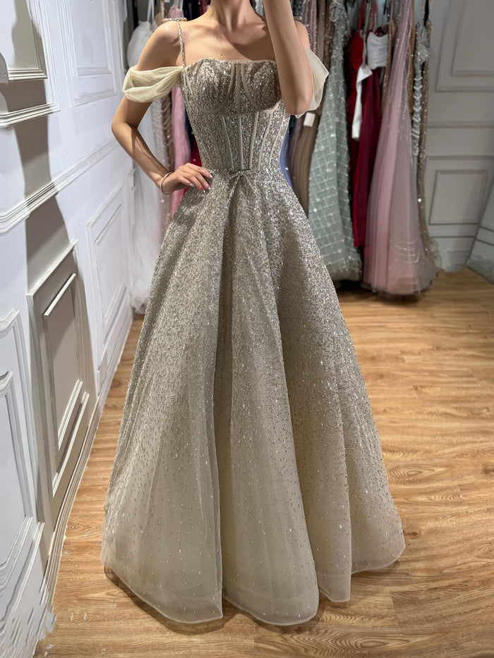 Luxury Caramel Off The Shoulder Beaded A Line Evening Dress LA73820 SERENE HILL