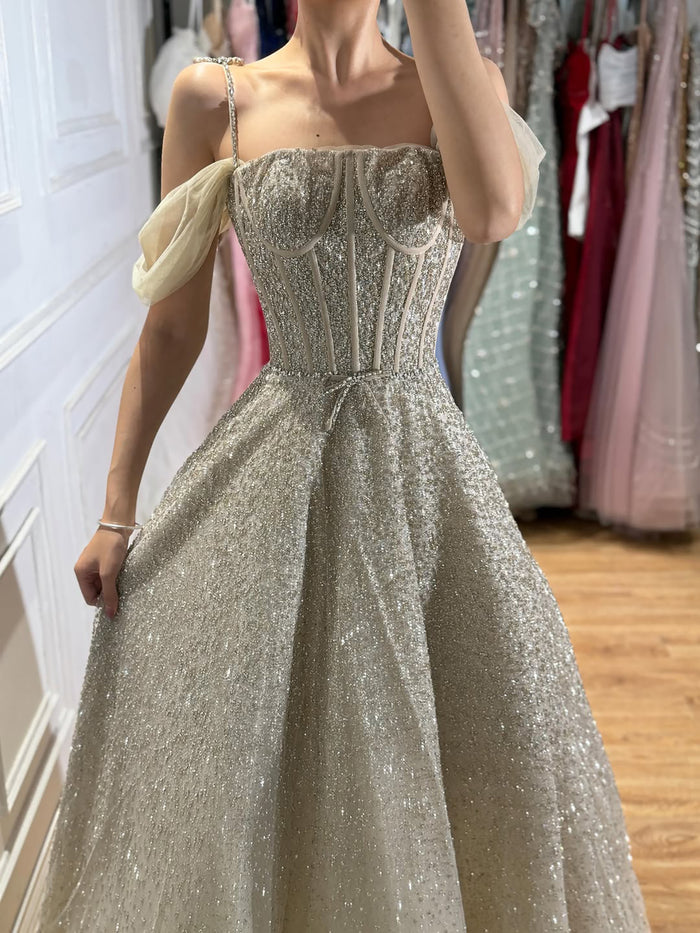 Luxury Caramel Off The Shoulder Beaded A Line Evening Dress LA73820 SERENE HILL